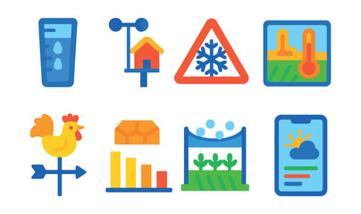 Flat vector icons of agricultural weather and climate tools: rainfall gauge icon, farm weather station, frost warning symbol, crop temperature map, wind direction vane, drought condition chart, hail