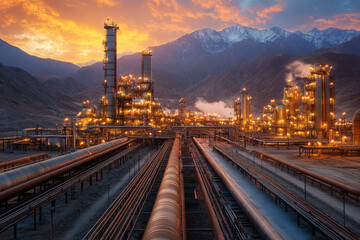 Large refinery with numerous pipes sprawling across the foreground.