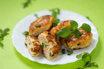Homemade chicken cutlets on a plate isolated on a green background