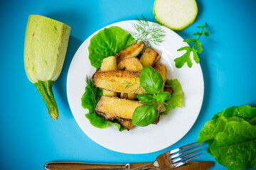 Homemade fried zucchini on a white plate on a blue background