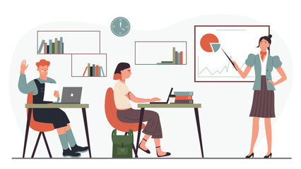 Education at school vector illustration. Cartoon teacher character holding pointer and teaching at whiteboard, group of students study in modern classroom during presentation lesson isolated on white