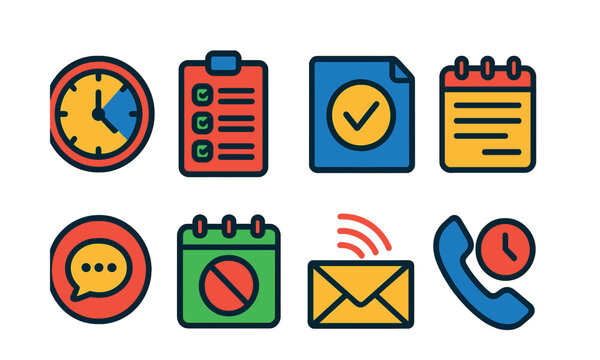 Flat vector icons of efficient communication and meetings: time-boxed meeting clock, clear agenda list, decision log file, summary note icon, concise message badge, meeting-free day calendar, async