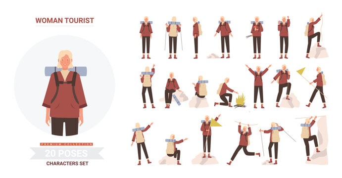 Woman tourist traveler adventure poses vector illustration set. Cartoon pretty young female hiker character with backpack posing in tourism activity, traveling, hiking and climbing isolated on white