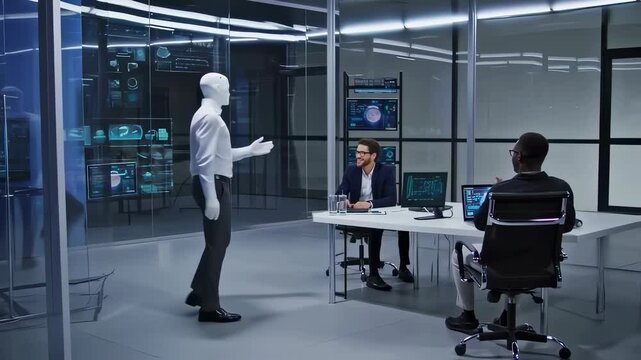 Two male professionals, one Caucasian and one Black, observe a sophisticated humanoid robot ambulating and gesturing in a high-tech laboratory with data screens and glass partitions.