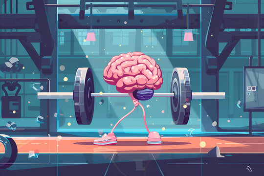 Cartoon brain character lifting weights in a vibrant gym setting, showcasing strength and determination with colorful background elements and dynamic lighting effects