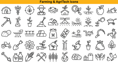 Agriculture and Farming Outline Icon Set Farm Tools, Plants, Equipment, and Produce