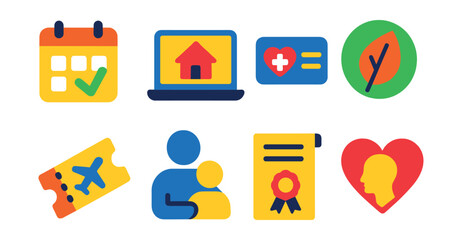 Flat vector icons of non-monetary employee benefits: flexible schedule calendar, remote work option icon, health insurance card, wellness program leaf, paid vacation ticket, childcare support symbol,