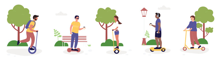 Eco city transportation activity vector illustration set. Cartoon active woman man character riding electric eco friendly transport in public park, scooter, hoverboard or gyroscooter isolated on white © Flash Vector