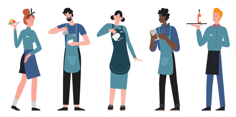 People waiter and waitress vector illustration set. Cartoon restaurant team of staff character, catering service collection, man woman standing, holding tray with order food or drink isolated on white