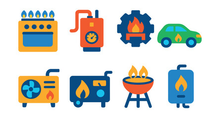 Flat vector icons of natural gas applications: residential gas stove, heating boiler icon, industrial furnace badge, gas-powered vehicle, combined heat and power unit, gas generator, outdoor grill,
