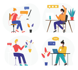 Online business work and communication vector illustration set. Cartoon manager people in face medical masks sitting at table, working, chatting, communicating with colleagues online isolated on white