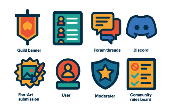 Flat vector icons of gaming communities and forums: guild banner icon, clan roster list, player forum threads, team discord server, fan art submission badge, user tag profile, moderator star shield,