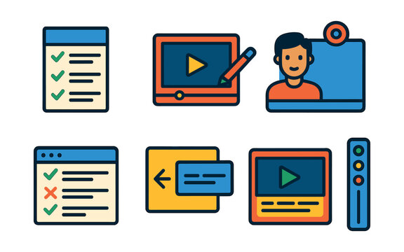 Flat vector icons of educational content creation: lesson plan template, e-learning video player, digital whiteboard icon, teacher with webcam, quiz module editor, interactive slide deck, captioned