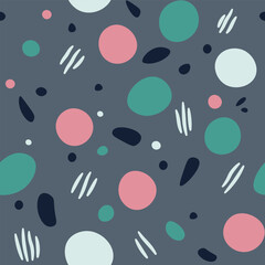Seamless Abstract Pattern with Pastel-Colored Circles and Irregular Shapes on a Gray Background