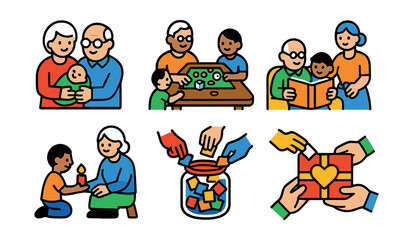 Flat vector icons of intergenerational celebrations: grandparents holding baby icon, family game night table, story sharing armchair, group cooking session, teaching tradition moment, photo album