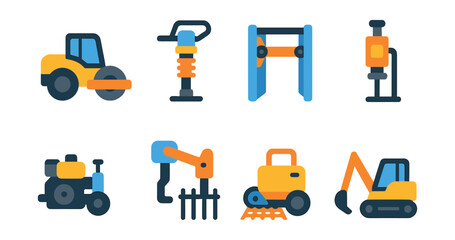 Flat vector icons of foundation and groundworks equipment: soil compactor roller, earth rammer plate, trench box icon, ground anchor driver, soil stabilization unit, rebar placing robot, geogrid lay