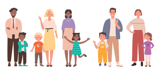 Family with kids vector illustration set. Cartoon parent people standing with children together, young father or mother with child son or daughter, happy parenthood, parental love isolated on white