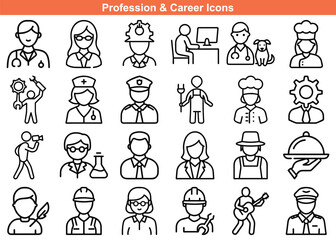 Fototapeta premium Collection of Profession and Career Line Art Icons Depicting Various Occupations and Jobs