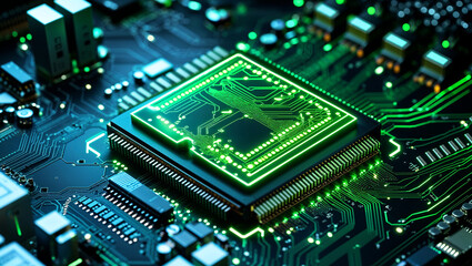 Obraz premium Futuristic glowing microchip on green neon circuit board