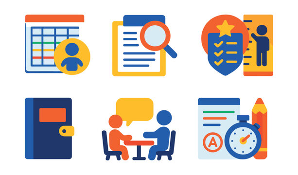 Flat vector icons of preschool assessment and progress: developmental milestone chart, observation notes icon, skill checklist badge, growth chart, portfolio binder, parent-teacher conference,