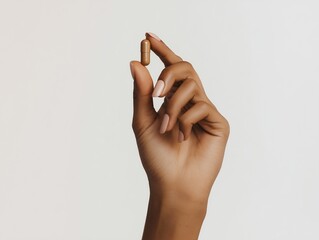 A close-up of a well-groomed, feminine hand with a natural beige manicure holding a brown herbal supplement 