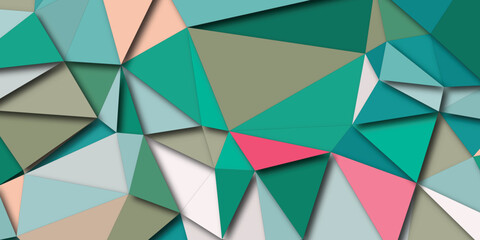 Abstract geometric background with triangles in shades of green teal and pink for modern design