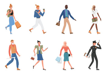 People walk vector illustration set. Cartoon flat young and old man woman characters walking collection, girl with shopping bags, businessman and businesswoman, student doctor police isolated on white