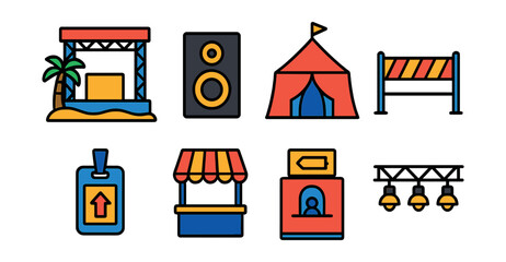 Flat vector icons of beach event planning: stage setup icon, sound system speaker, event tent, crowd control barrier, event signage badge, vendor booth, ticket counter, lighting rig.