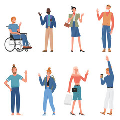 Fototapeta premium People in greeting gesture vector illustration set. Cartoon flat young woman, girl student and hipster, bearded old man and businessman, disabled person in wheelchair waving hand isolated on white