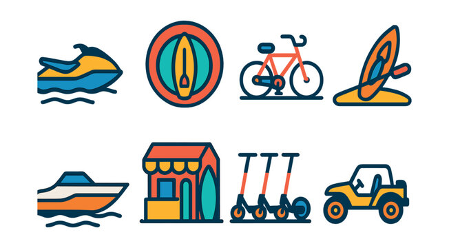 Flat vector icons of beach transportation rentals: jet ski rental icon, paddleboard hire badge, bicycle rental stand, kayak on shore, motorboat rental, surfboard rental shop, electric scooter dock,