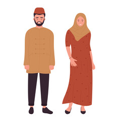 Muslim family or couple people vector illustration. Cartoon arab flat young man woman, arabian husband and wife standing together, saudi characters wearing traditional clothes isolated on white