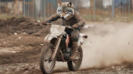 Wolf riding dirt bike aggressively on rugged terrain