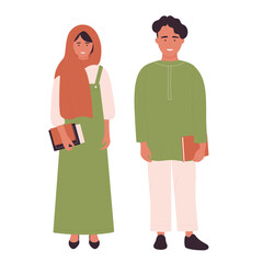 Muslim girl and boy teenagers vector illustration. Cartoon arab schoolboy, schoolgirl with books standing together, young happy islamic arabian teen students couple isolated on white