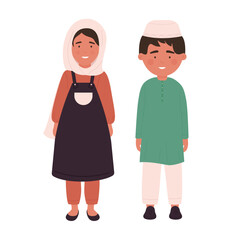 Muslim kids vector illustration. Cartoon arab cute boy girl in hijab, traditional clothes standing together, happy islamic arabian young children smiling, culture religion people isolated on white