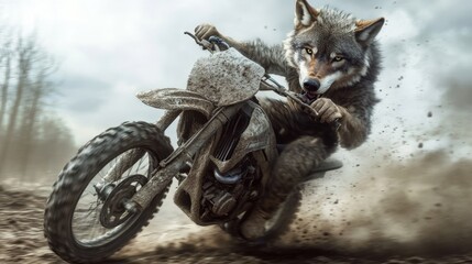 Wolf riding dirt bike aggressively on rugged terrain
