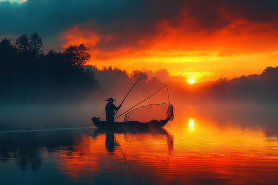 Man in boat on sunset lake.