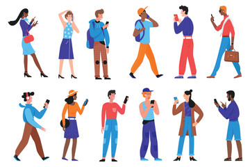 Obraz premium People with phone vector illustration set. Cartoon young man woman characters in casual clothes using smartphone for communication in network, social networks, cellphone calls isolated on white