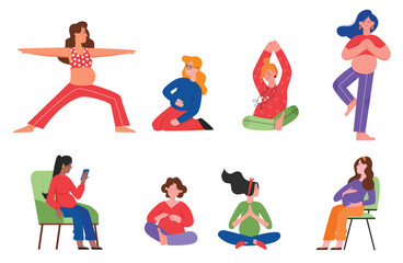 Pregnant woman poses vector illustration set. Cartoon daily home activities, young happy female character practicing yoga, using phone to communicate in different pregnancy postures isolated on white