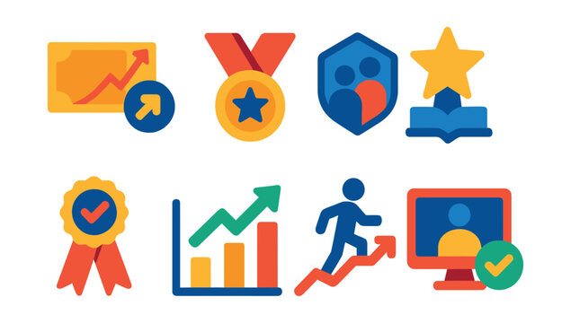 Flat vector icons of employee development rewards: upskilling grant icon, leadership training medal, mentorship program badge, learning achievement star, certification bonus ribbon, skill improvement