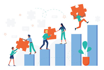 Business people climbing up stairs vector illustration. Cartoon career ladder with businessman team of characters holding puzzle jigsaw pieces to achieve goals, business achievement isolated on white