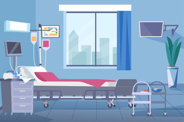 A peaceful hospital room featuring a bed, medical equipment, and a view of a cityscape through the window. The design is modern and clean.