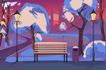 A serene winter park scene featuring a wooden bench surrounded by snow-covered trees and glowing street lamps against a pinkish sky.