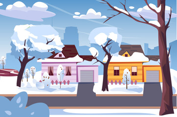 A vibrant winter scene showcasing colorful houses and snow-covered trees under a clear blue sky. The atmosphere is serene and cheerful.