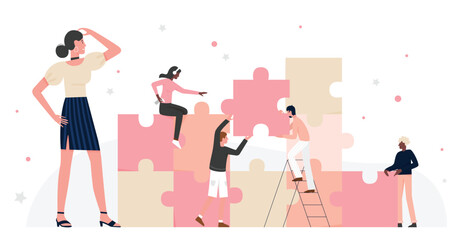 Business people teamwork on puzzle connection vector illustration. Cartoon employee office worker team characters working, brainstorming on challenge of building puzzle jigsaw pieces isolated on white