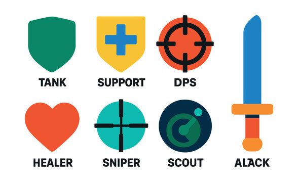 Flat vector icons of team roles and positions in games: tank role icon, support badge, DPS crosshair symbol, healer heart icon, sniper scope, scout radar blip, midlane sword, jungler path icon.