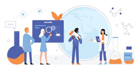 Vaccine research to stop coronavirus vector illustration. Cartoon scientist doctor character holding lab vaccine bottle, team of medical researcher people studying vaccine medicines isolated on white