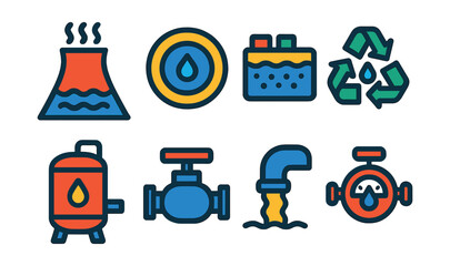 Flat vector icons of industrial water use: cooling tower icon, boiler feedwater badge, wastewater treatment, water recycling, process water tank, industrial valve, effluent discharge, water usage