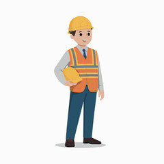 Smiling construction worker holding yellow helmet safety vest man job site blue flat male happy white