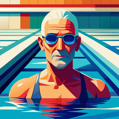 Elderly swimmer in pool: graceful movements through turquoise water under sunlight, radiating health and joyful energy.