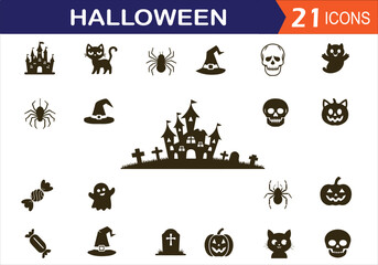 Halloween element icon set. Castle, spider nest, witch hat, skeleton head, pumpkin, black cat, cute baby ghost and candy. Silhouette icon set.